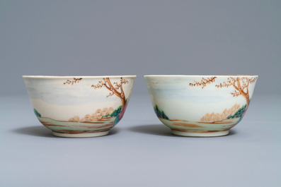 Two fine Chinese famille rose 'European subject' cups and saucers, Qianlong