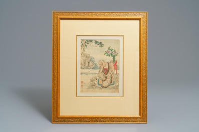Trois peintures chinoises sur textile et une paire de badges de mandarin, Chine, 19&egrave;me