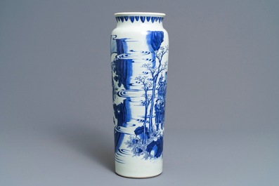 A fine Chinese blue and white sleeve vase with figural design all-round, Transitional period