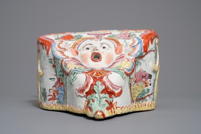 A large petit feu and gilded Dutch Delft wall cistern, 18th C.