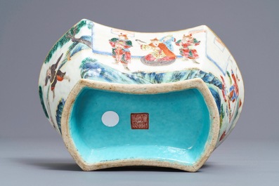 A Chinese famille rose ingot-shaped bowl on stand, Tongzhi mark and of the period