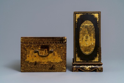 A Chinese gilt-lacquered cabinet and a box, Canton, 19th C.