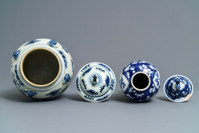 Four Chinese blue and white vases and a jardini&egrave;re, 19th C.