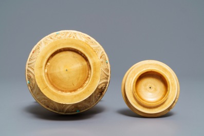 A Chinese coral and turquoise-inlaid ivory vase and cover, 1st half 20th C.