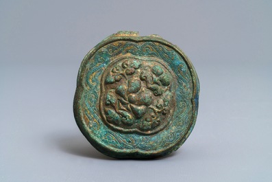 Two Chinese inlaid bronze belt hooks and a bronze ornament, Zhou or Han
