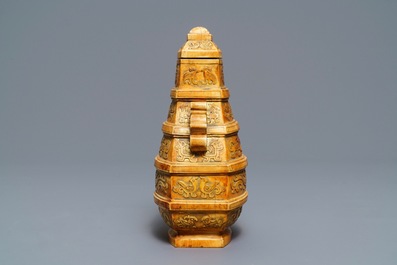 A Chinese archaistic ivory vase and cover on wooden stand, ca. 1900
