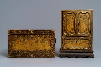 A Chinese gilt-lacquered cabinet and a box, Canton, 19th C.