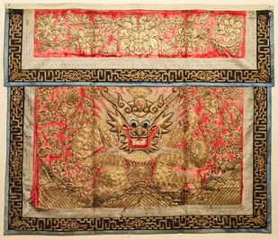 A pair of large Chinese relief-embroidered silk 'dragon' panels, 19th C.