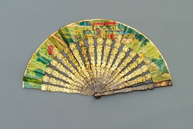 Five Chinese painted paper, wood and lacquer fans, Canton, 19th C.