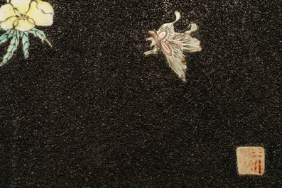 Four Chinese famille rose black gravel-embellished plaques, Qianlong