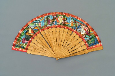 Five Chinese painted paper, wood and lacquer fans, Canton, 19th C.