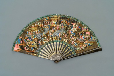 Five Chinese painted paper, wood and lacquer fans, Canton, 19th C.