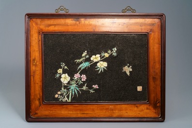 Four Chinese famille rose black gravel-embellished plaques, Qianlong
