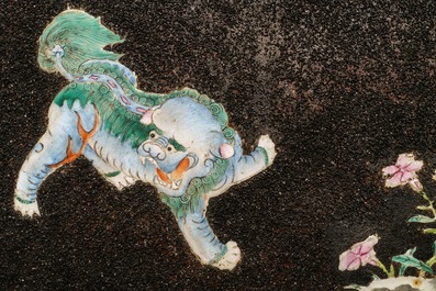 Four Chinese famille rose black gravel-embellished plaques, Qianlong