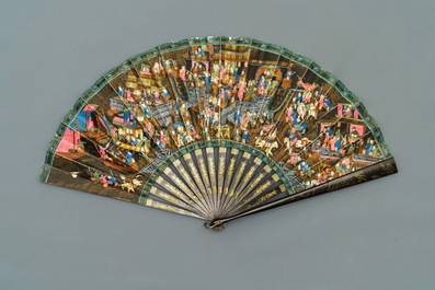 Five Chinese painted paper, wood and lacquer fans, Canton, 19th C.