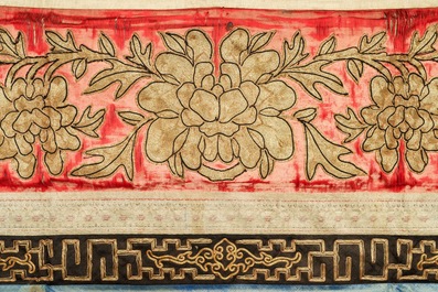 A pair of large Chinese relief-embroidered silk 'dragon' panels, 19th C.
