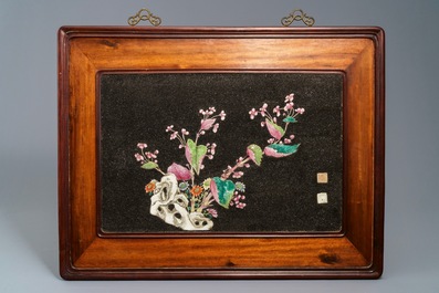 Four Chinese famille rose black gravel-embellished plaques, Qianlong