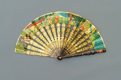 Five Chinese painted paper, wood and lacquer fans, Canton, 19th C.