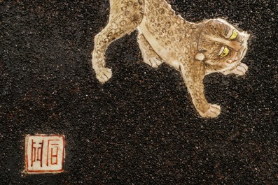 Four Chinese famille rose black gravel-embellished plaques, Qianlong