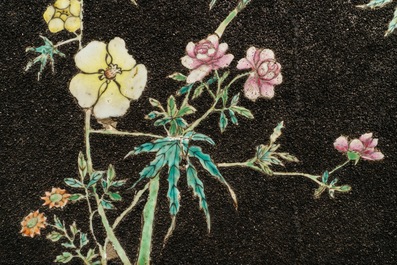 Four Chinese famille rose black gravel-embellished plaques, Qianlong