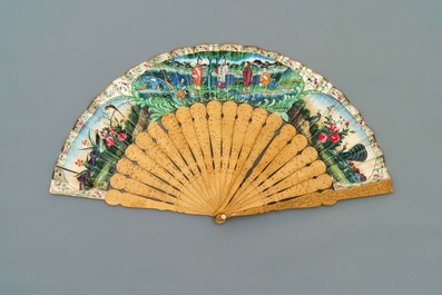 Five Chinese painted paper, wood and lacquer fans, Canton, 19th C.