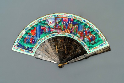 Five Chinese painted paper, wood and lacquer fans, Canton, 19th C.