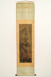 Chinese school, Qing, after Wang Fu (1362-1416): Figures in a landscape, ink and color on silk, mounted on scroll