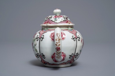 Two fine Chinese famille rose plates and a teapot and cover, Yongzheng/Qianlong