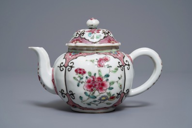Two fine Chinese famille rose plates and a teapot and cover, Yongzheng/Qianlong