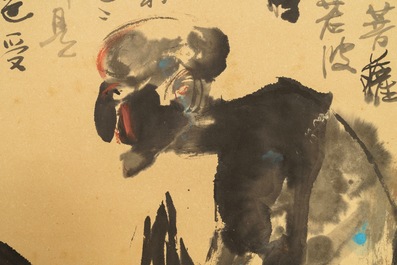 Chinese school, 20th C.: Two figures and calligraphy, ink and color on paper, mounted on scroll