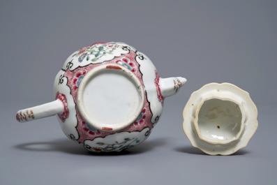 Two fine Chinese famille rose plates and a teapot and cover, Yongzheng/Qianlong