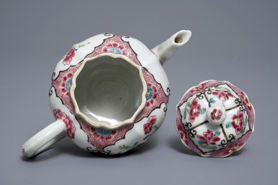 Two fine Chinese famille rose plates and a teapot and cover, Yongzheng/Qianlong