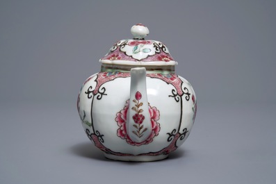 Two fine Chinese famille rose plates and a teapot and cover, Yongzheng/Qianlong