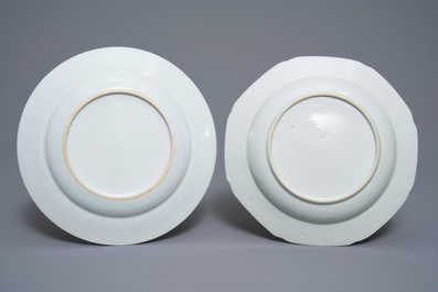 Two fine Chinese famille rose plates and a teapot and cover, Yongzheng/Qianlong