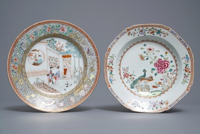 Two fine Chinese famille rose plates and a teapot and cover, Yongzheng/Qianlong