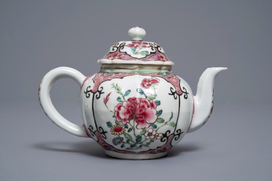 Two fine Chinese famille rose plates and a teapot and cover, Yongzheng/Qianlong