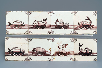 Thirty-three Dutch Delft manganese tiles with seacreatures and ships, 18/19th C.