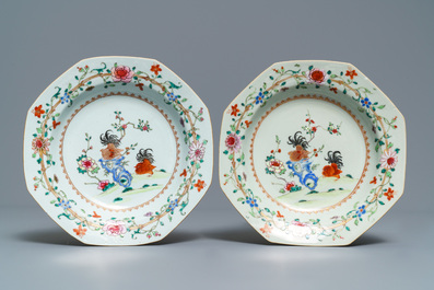Ten deep octagonal Chinese famille rose 'rooster' plates, Qianlong