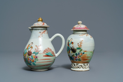 Een fijne Chinese famille rose melkkan en theebus met Europees decor, Qianlong
