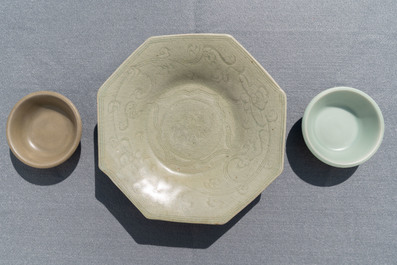 An octagonal Chinese Longquan celadon dish, four vases and two bowls, Song/Ming
