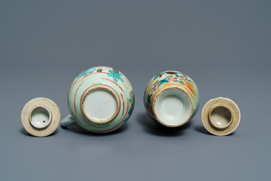 Een fijne Chinese famille rose melkkan en theebus met Europees decor, Qianlong