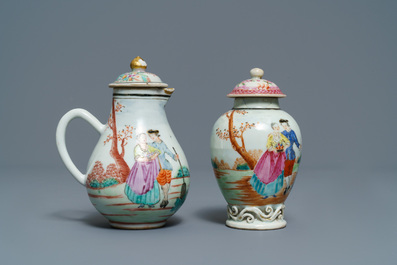 Een fijne Chinese famille rose melkkan en theebus met Europees decor, Qianlong