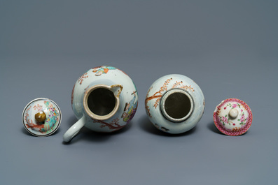 Een fijne Chinese famille rose melkkan en theebus met Europees decor, Qianlong