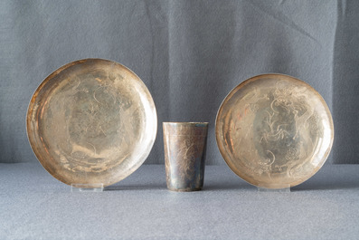 A pair of Chinese cloisonn&eacute; bottle vases, two silver saucers and a silver cup, 19/20th C.