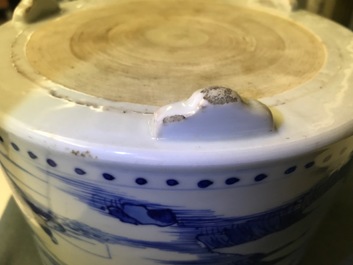 A large Chinese blue and white tripod censer with figures in a landscape, Kangxi