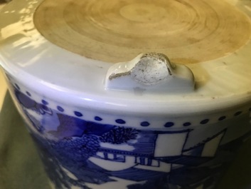 A large Chinese blue and white tripod censer with figures in a landscape, Kangxi