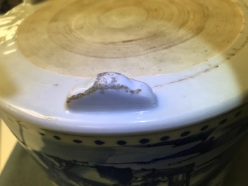 A large Chinese blue and white tripod censer with figures in a landscape, Kangxi