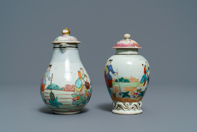 Een fijne Chinese famille rose melkkan en theebus met Europees decor, Qianlong