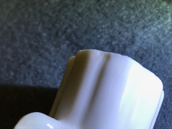 Three Chinese blanc de Chine vases and two cups with applied designs, Kangxi and later