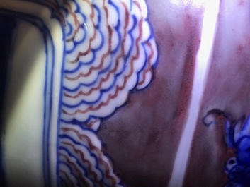 A rare Chinese blue, white and underglaze red rouleau vase, Kangxi